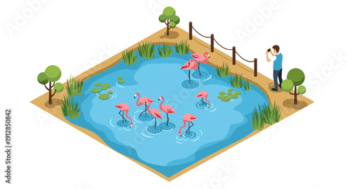 Isometric scene of flamingos in a pond with photographer and water lilies