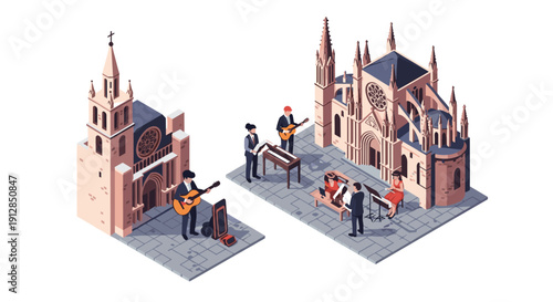 Isometric street musicians performing near gothic cathedral buildings