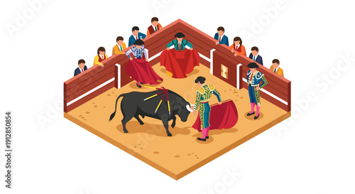 Isometric bullfighting scene with matadors and spectators in arena