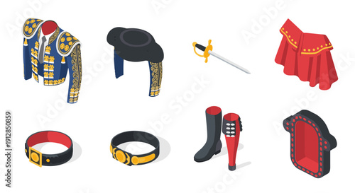Isometric bullfighter accessories: jacket, hat, sword, cape, and boots collection