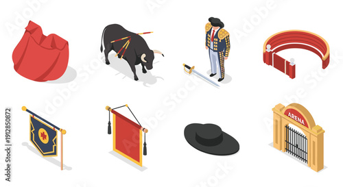 Isometric spanish bullfighting elements: matador, bull, and arena