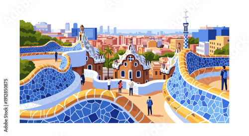 Colorful urban landscape with iconic architectural view and mosaic patterns