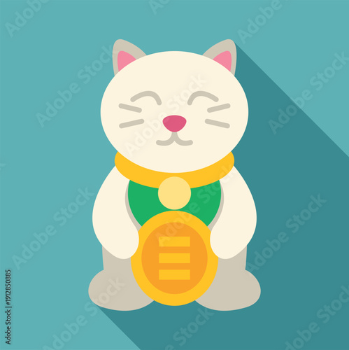 Japanese maneki neko lucky cat holding a gold coin bringing good fortune and success