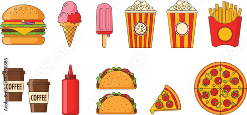 Fast food collection featuring burger, pizza, tacos, fries, popcorn, ice cream, coffee, and ketchup icons for restaurant menus and snack catering,
