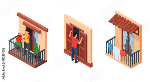 Isometric urban balcony scenes with plants, shutters, and laundry
