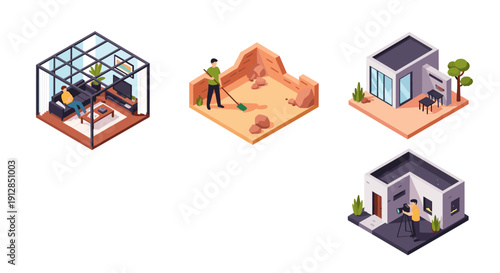 Modern isometric workspaces and outdoor activities