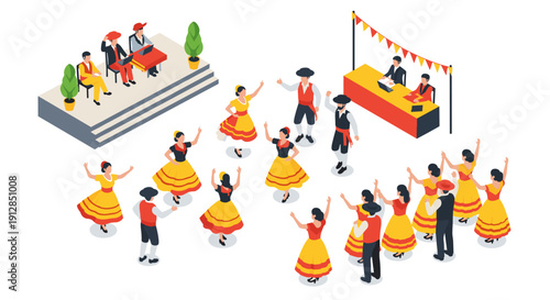 Festive spanish folk dance celebration with vibrant costumes in isometric style