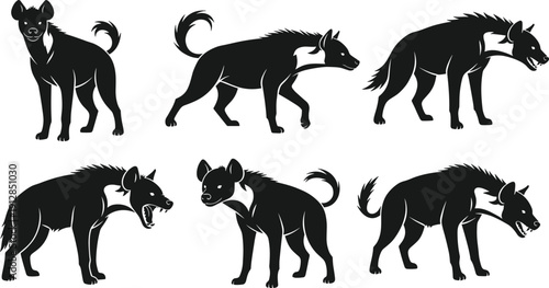 Hyena silhouette vector set with spotted hyena standing snarling and walking poses isolated on white background for wildlife nature design