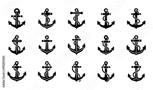 Anchor icon set vector black marine symbols isolated on transparent background