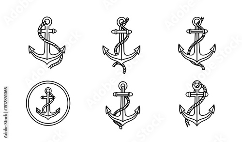 Anchor outline icons set vector nautical marine symbols isolated on transparent background