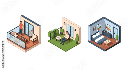 Modern isometric home scenes with balcony and interior design elements