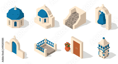 Isometric greek architecture icons with traditional elements and vibrant aesthetics