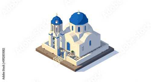 Isometric greek chapel with blue domes and white walls in mediterranean architecture