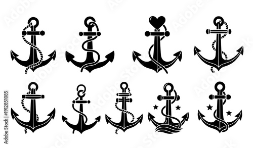 Decorative anchor icon set vector black marine symbols isolated on transparent background