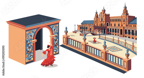 Traditional spanish dance scene in historical cityscape with flamenco dancer