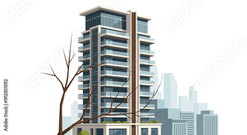 Modern high-rise building with tree in urban landscape