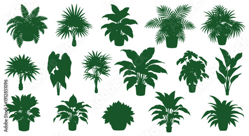 Green potted plant silhouettes vector illustration set