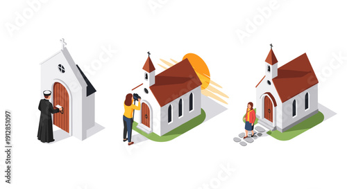 Isometric church scenes: clergy and visitors in sunlit village setting