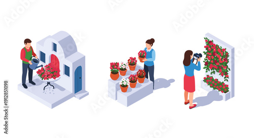 Isometric gardening scenes: people watering, arranging, and photographing flowers