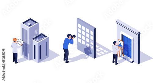 Isometric creative professions: architect, photographer, artist at work