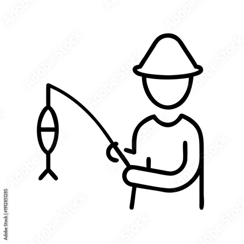Fisherman holding a caught fish with fishing rod in line art style  