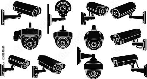 Large collection of security camera silhouettes featuring various CCTV surveillance equipment icons, wall mounted dome cameras, and monitoring system symbols for safety,