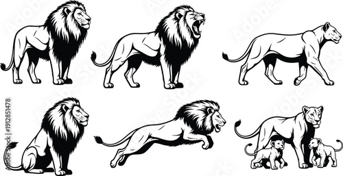 Lion silhouette vector set including male lion roaring leaping sitting and standing with lioness and cute cubs for safari wildlife design,