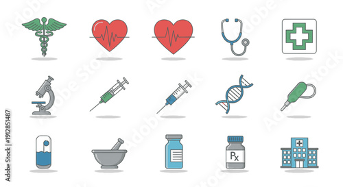 Healthcare medical symbols Caduceus hearts stethoscope first aid