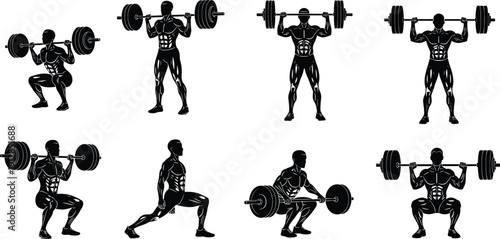 Muscular male bodybuilder silhouettes set performing barbell squats, deadlifts, overhead presses, and lunges for fitness training, bodybuilding, and gym workout,