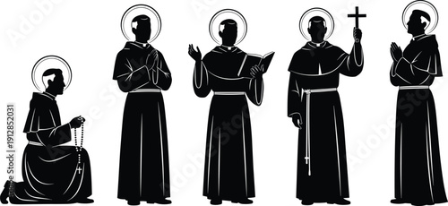 Saintly monk silhouette collection featuring catholic priest in prayer, holding cross, reading bible, and kneeling with rosary on white background