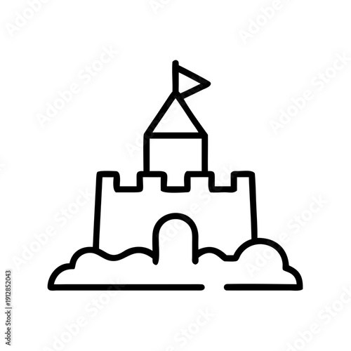 Sandcastle outline design with flag on beach background  