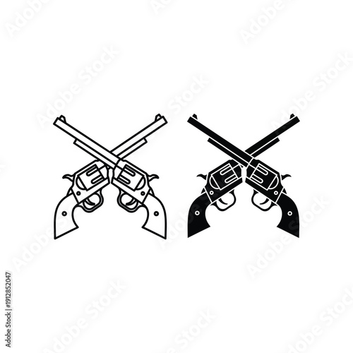 Two vintage revolvers crossed in an x formation against a plain background