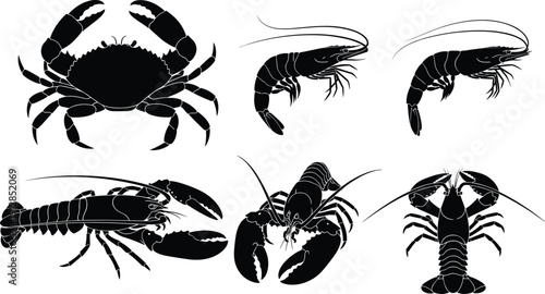 Seafood silhouette set featuring crab, lobster, and shrimp icons, ideal for restaurant menus, aquatic life design, and fresh market branding,