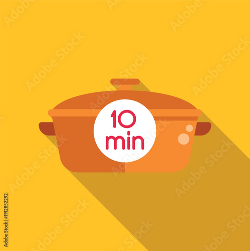 Orange cooking pot with 10 min icon indicating quick food preparation time