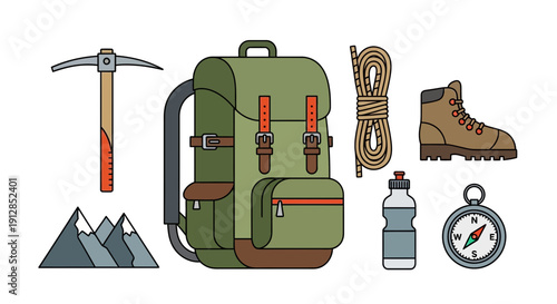 A digital nomad prepares for a hike with a backpack and gear in a mountainous landscape
