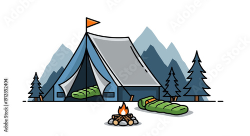 Camping scene with sleeping bag and tent near mountains and trees illustration