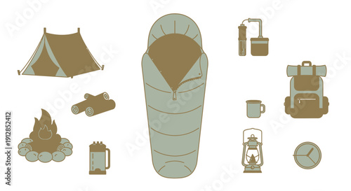 Camping gear and hiking equipment illustration showcasing boots, tent, and accessories in a wilderness setting