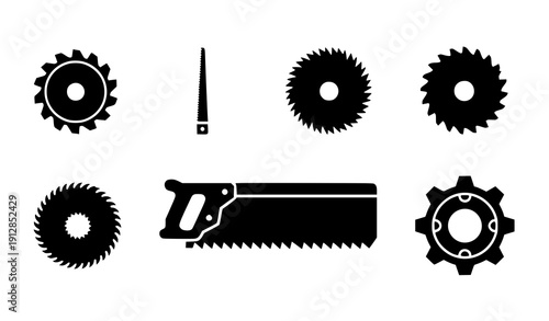 Decorative saw blade icon set vector black circular cutting tool silhouettes isolated on transparent background