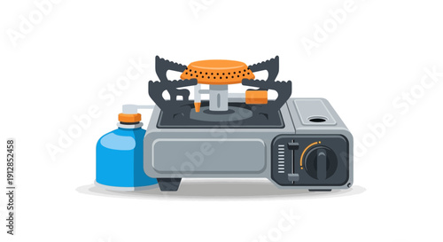 Portable camping stove with burner and fuel tank in outdoor setting vector illustration