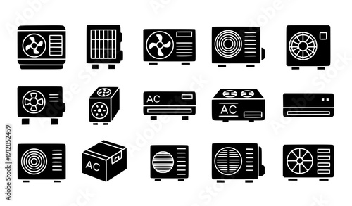 Air conditioning outdoor unit icon set vector black glyph HVAC symbols isolated on transparent background