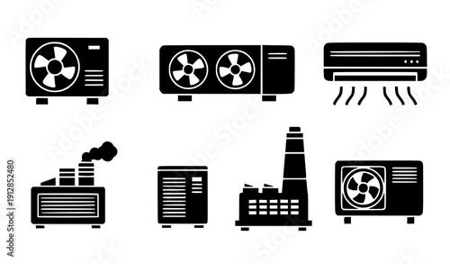 Decorative air conditioning outdoor unit icon set vector black HVAC symbols isolated on transparent background