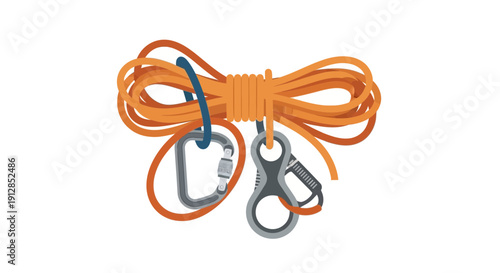 Orange rope with carabiners tied in a bow, camping equipment, outdoor gear, adventure, illustration