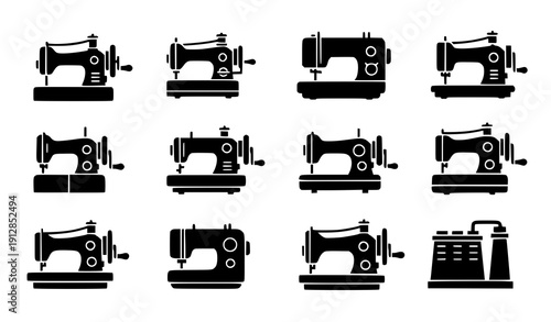 Sewing machine icon set vector black glyph tailor equipment isolated on transparent background