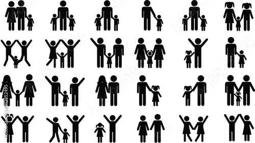 Stick figure family icons set including parents with children mother father daughter and son silhouettes for community and relationship design,