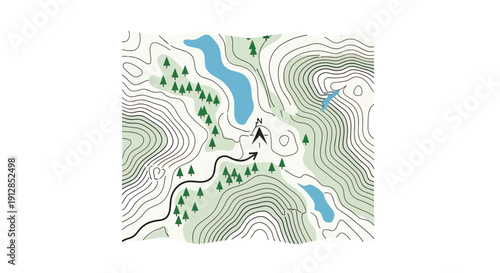 Topographic map illustration showing terrain with rivers, trees, and contour lines from an aerial viewpoint