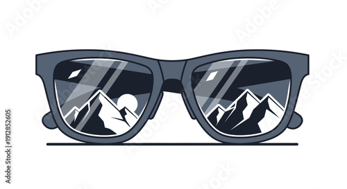 A pair of sunglasses reflecting a serene mountain landscape with a full moon rising, symbolizing a complete hiking experience.