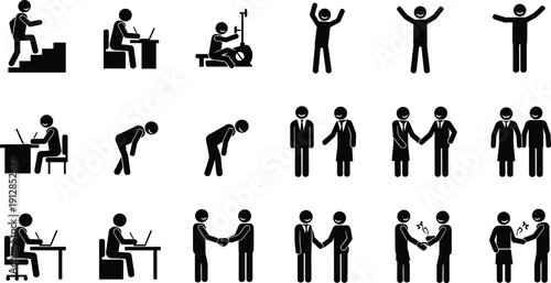 Stick Figure People Poses Vector Icon Set Featuring Business Professionals, Handshaking, Office Work, Climbing Success Stairs, and Teamwork Activity Silhouettes.