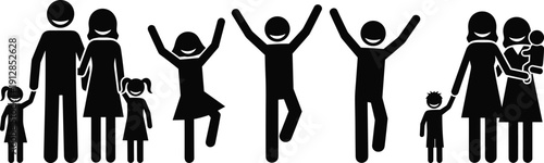 Stick Figure Family Poses Vector Icon Set Featuring Happy Parents, Children, Jumping Kids, Mother with Baby, and Joyful Family Silhouettes.