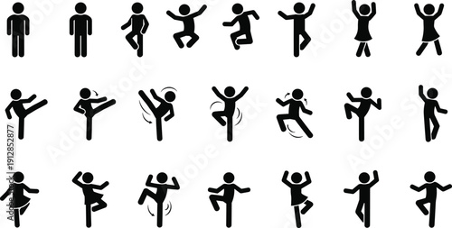 Tableau sur toile Stick Figure People Poses Vector Icon Set Featuring Man and Woman Dancing, Jumping, Kicking, Standing, and Martial Arts Exercise Silhouettes