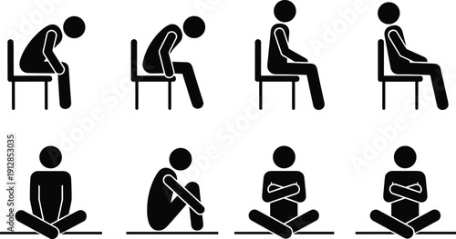 Stick Figure People Poses Vector Icon Set Featuring Man and Woman Walking, Running, Eating, Sitting, Sleeping, Standing, and Dancing Silhouettes.